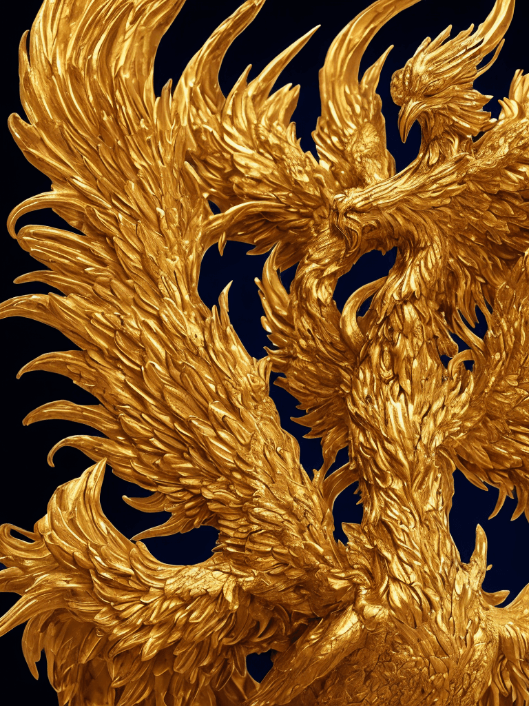 AI generated: A majestic phoenix with vibrant plumage, its fiery wings spread wide, golden feathers illuminating a...