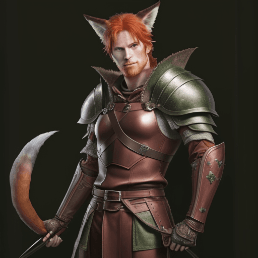 AI generated: Character: Tall, lean, slightly muscular red-haired green-eyed man with fox ears and lush tail in fu...