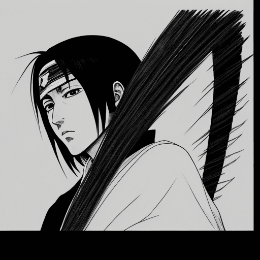 AI generated: a manga drawing of Itachi Uchiha, close up shot, in the style of Kentaro Miura , black background, l...