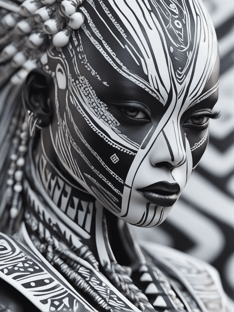 AI generated: intricate closeup shot, masterpiece artwork, black skin-tight body, tribal, suit, white accent, deta...