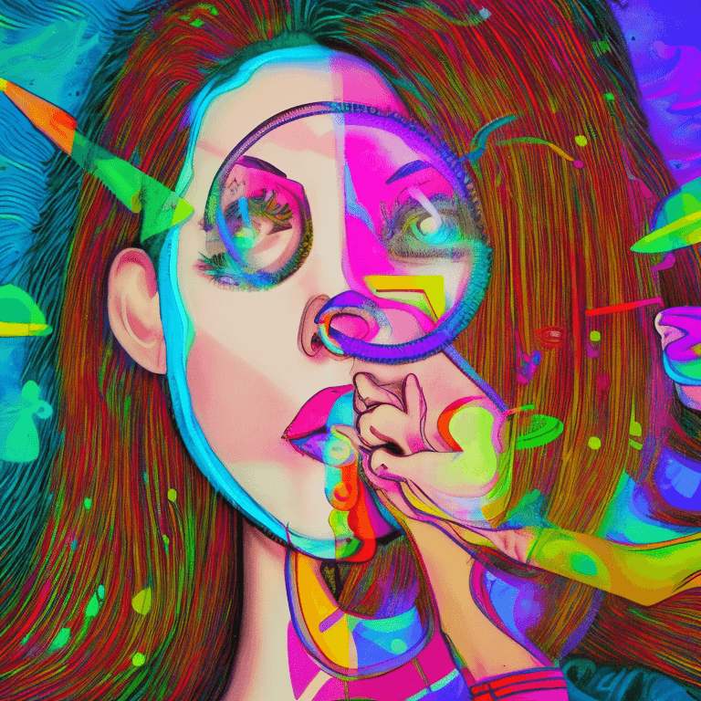 AI generated: drones drifting through the air portrait of a simple half man half girl licking a tab of LSD acid on...
