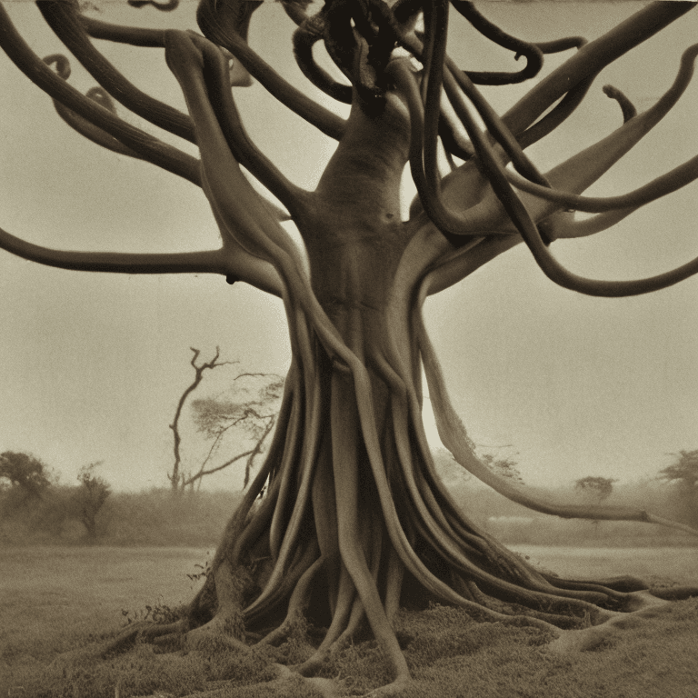 AI generated: hand-tinted,vintage,antique photograph,

African plains, morning, foggy,

full shot, wide shot, full...