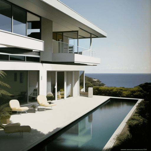 AI generated: Hyper realistic eye level exterior photo of a mid century modern style house overlooking the ocean, ...