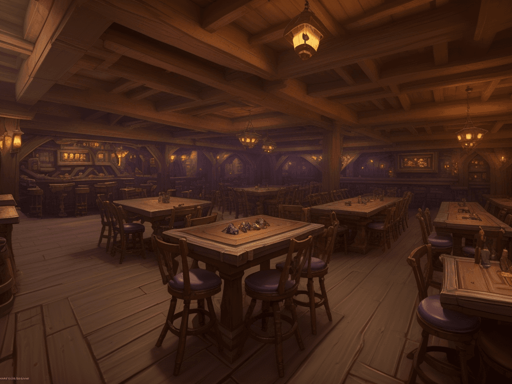 AI generated: hearth tavern, video game, guests around tables, playing role game, d20, hearthstone theme, deep pan...