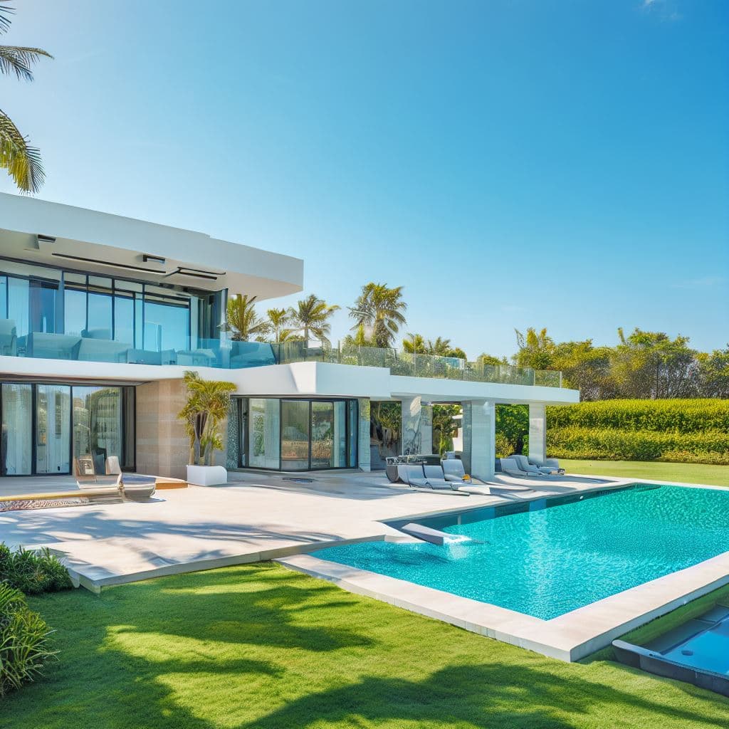 AI generated: ultra-modern mega villa by the sea with swimming pool and green space with beautiful open space and ...
