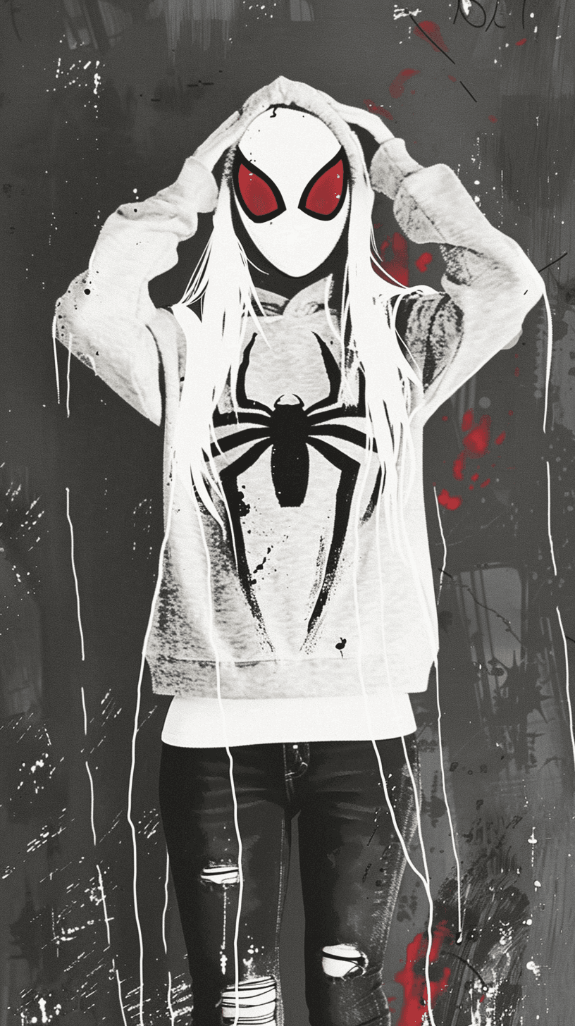 AI generated: photorealistic Spidergwen wearing a grey sweater with spider silk. She has white skin and long black...