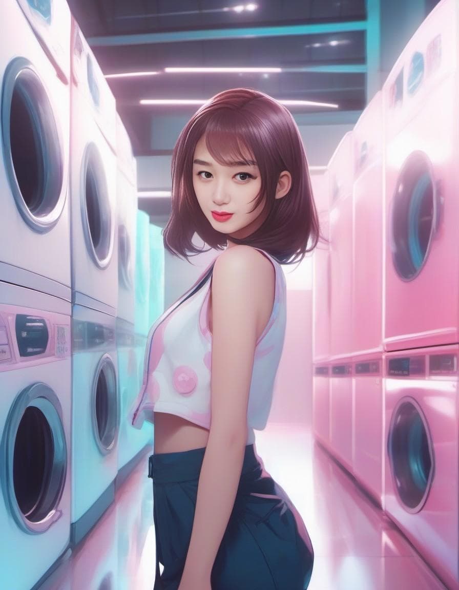 AI generated: a woman standing in front of a row of washing machines, inspired by Ross Tran, aestheticism, pink tw...