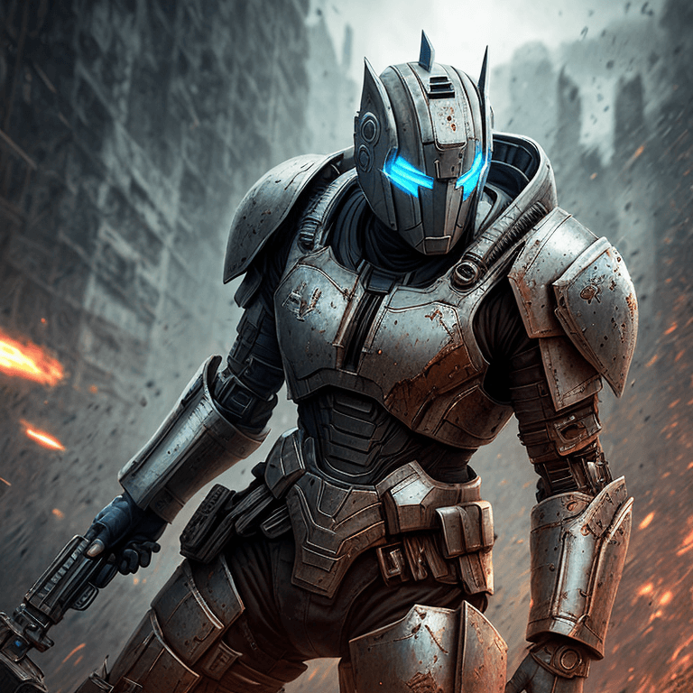 AI generated: a photo astropunk armor hybrid human with cyber helmet, battle damaged armor, wounded from battle, a...