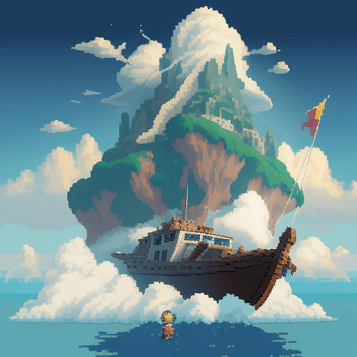 AI generated: 
16 bit pixel art, epic composition of a explorer in a boat reaching an island in the clouds, by stu...