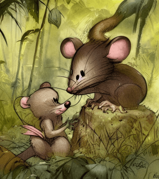 AI generated: scared cartoon mouse in the jungle , by Jean-Baptiste Monge and frank frazetta, childrens book illus...