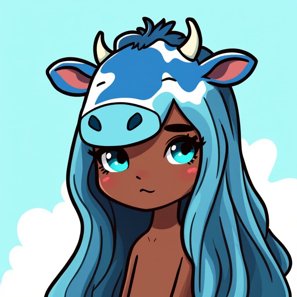 AI generated: best quality,Teal theme,outline,
(chibi:1.2),(absurdly long hair,gradient hair:1.2),blue cow on head...
