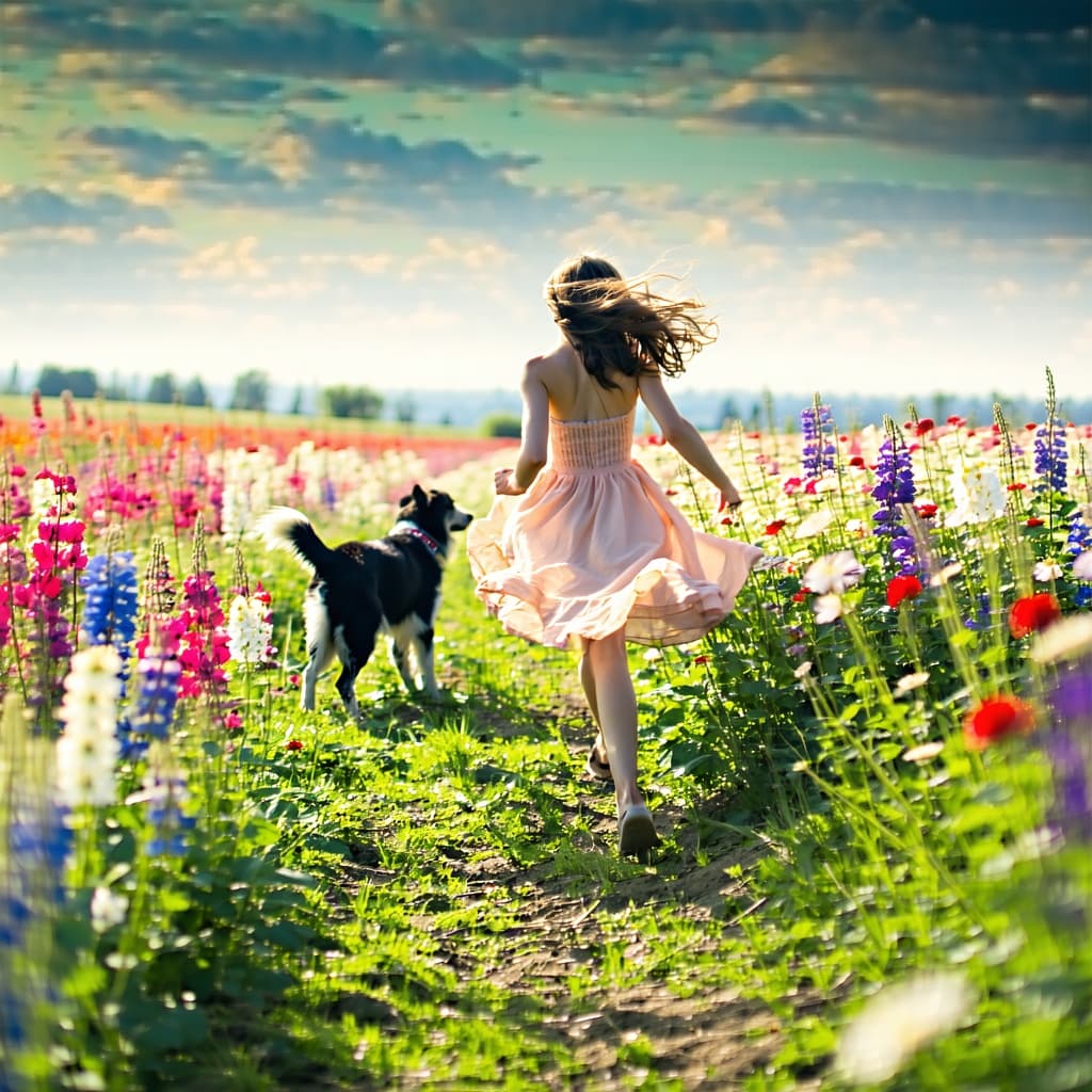 AI generated: a field of flowers and a beautiful girl is running in it while her dog trails behind her