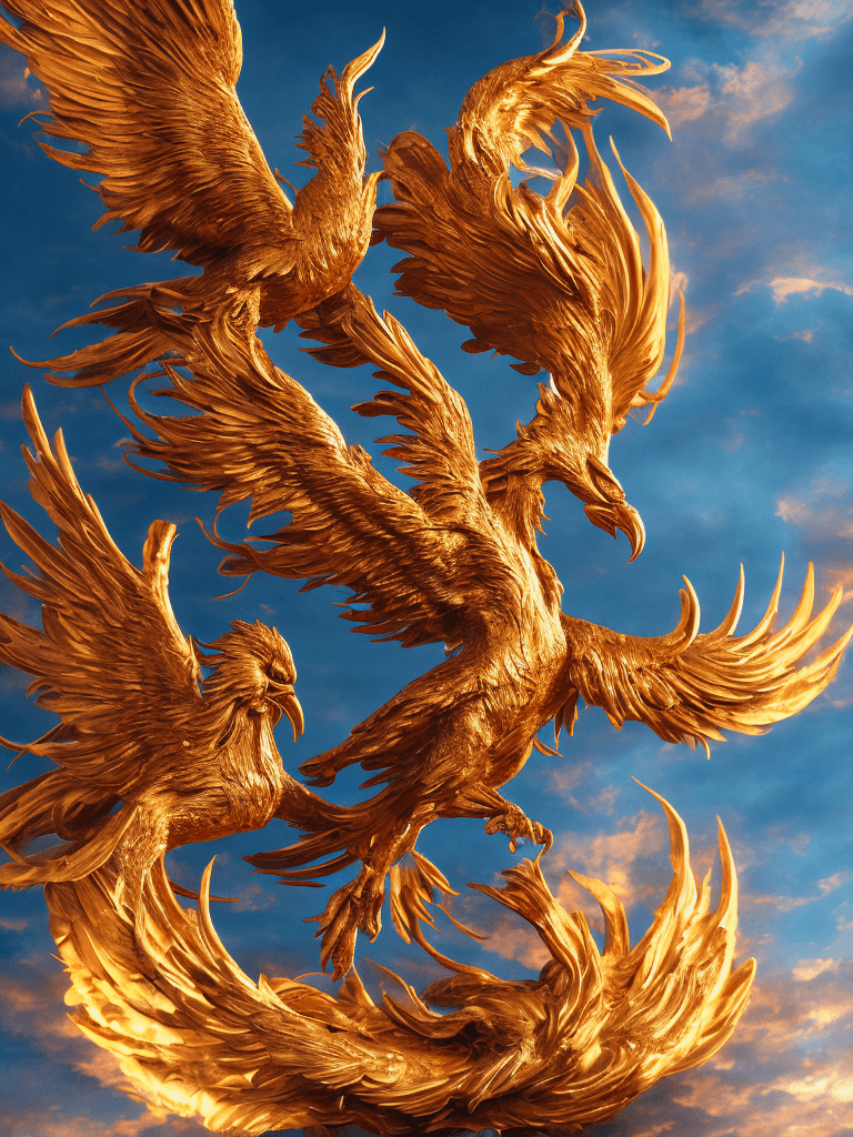 AI generated: A majestic phoenix with vibrant plumage, its fiery wings spread wide, golden feathers illuminating a...