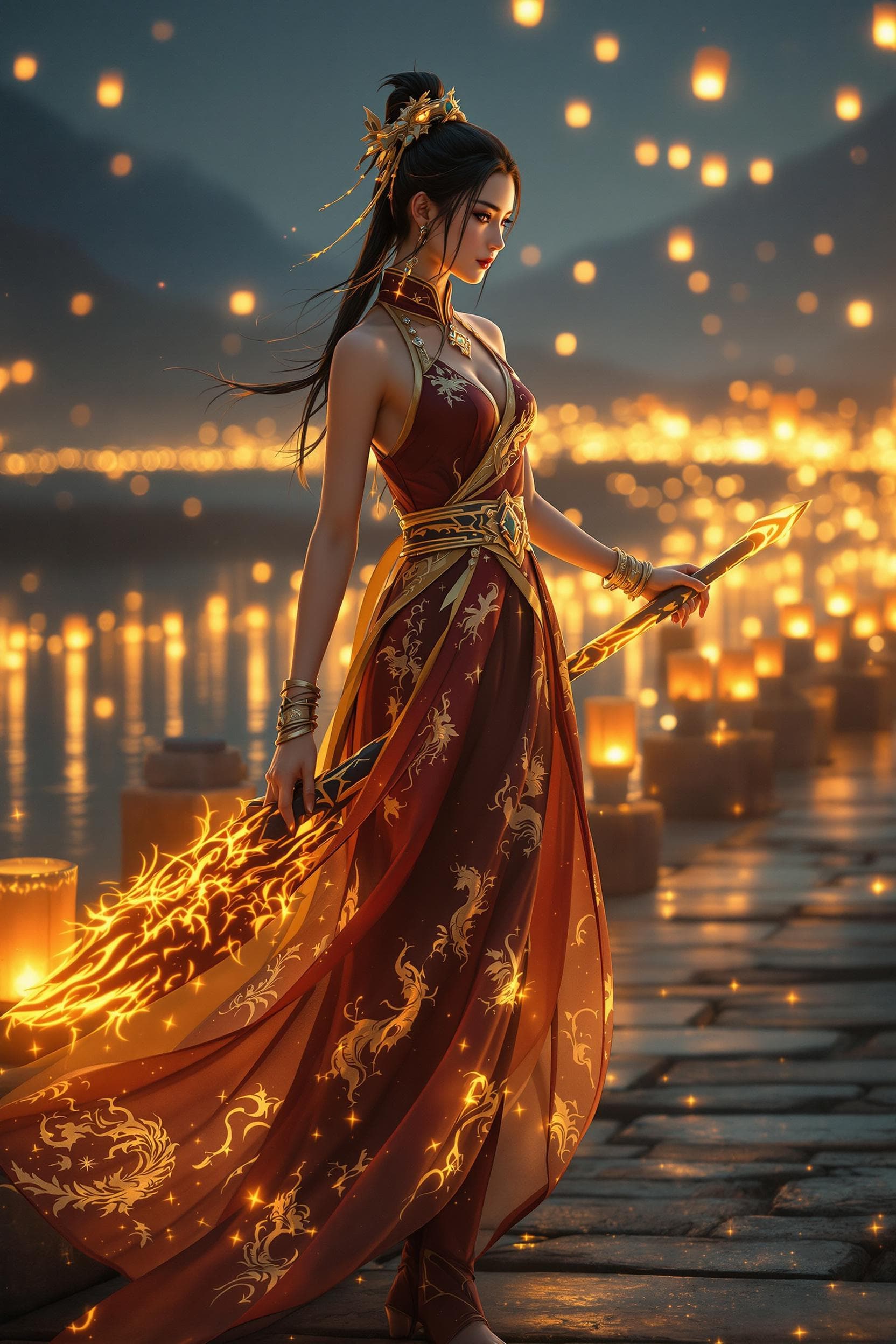 AI generated: Ultra-photorealistic cinematic film still, full body view of Alicia Vikander as Lan Yan, a reimagine...