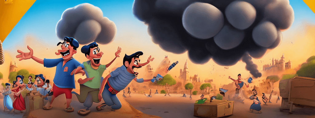 AI generated: A disney movie poster, titled big boom, Arabs holding a bomb near a house, looking back laughing, 4k