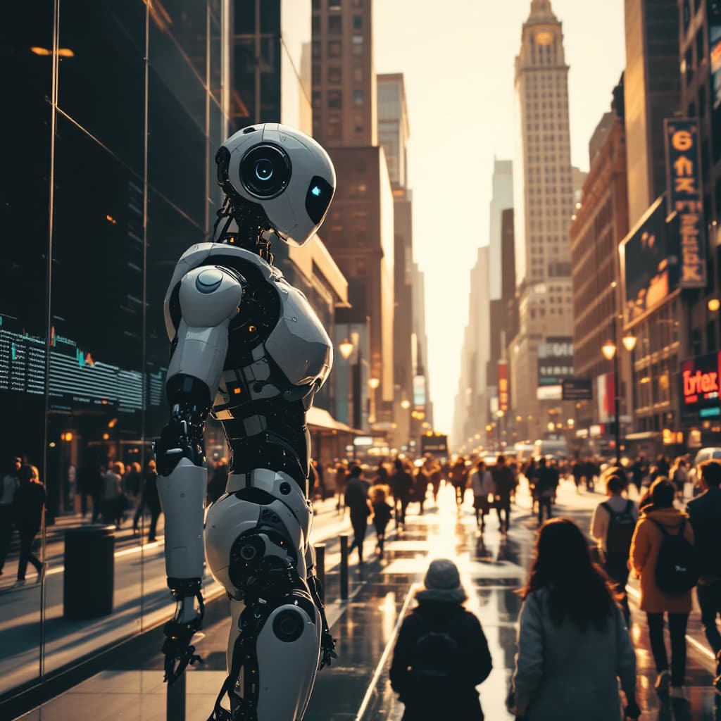 AI generated: A computer robot trading in wall street and lots of people walking in the office