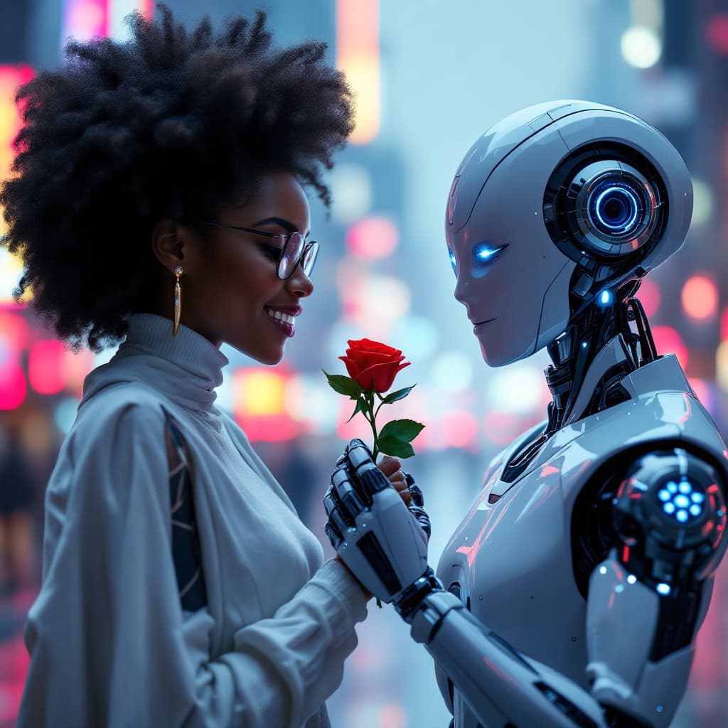 AI generated: A futuristic humanoid robot with sleek metallic features and glowing blue eyes gently presenting a s...
