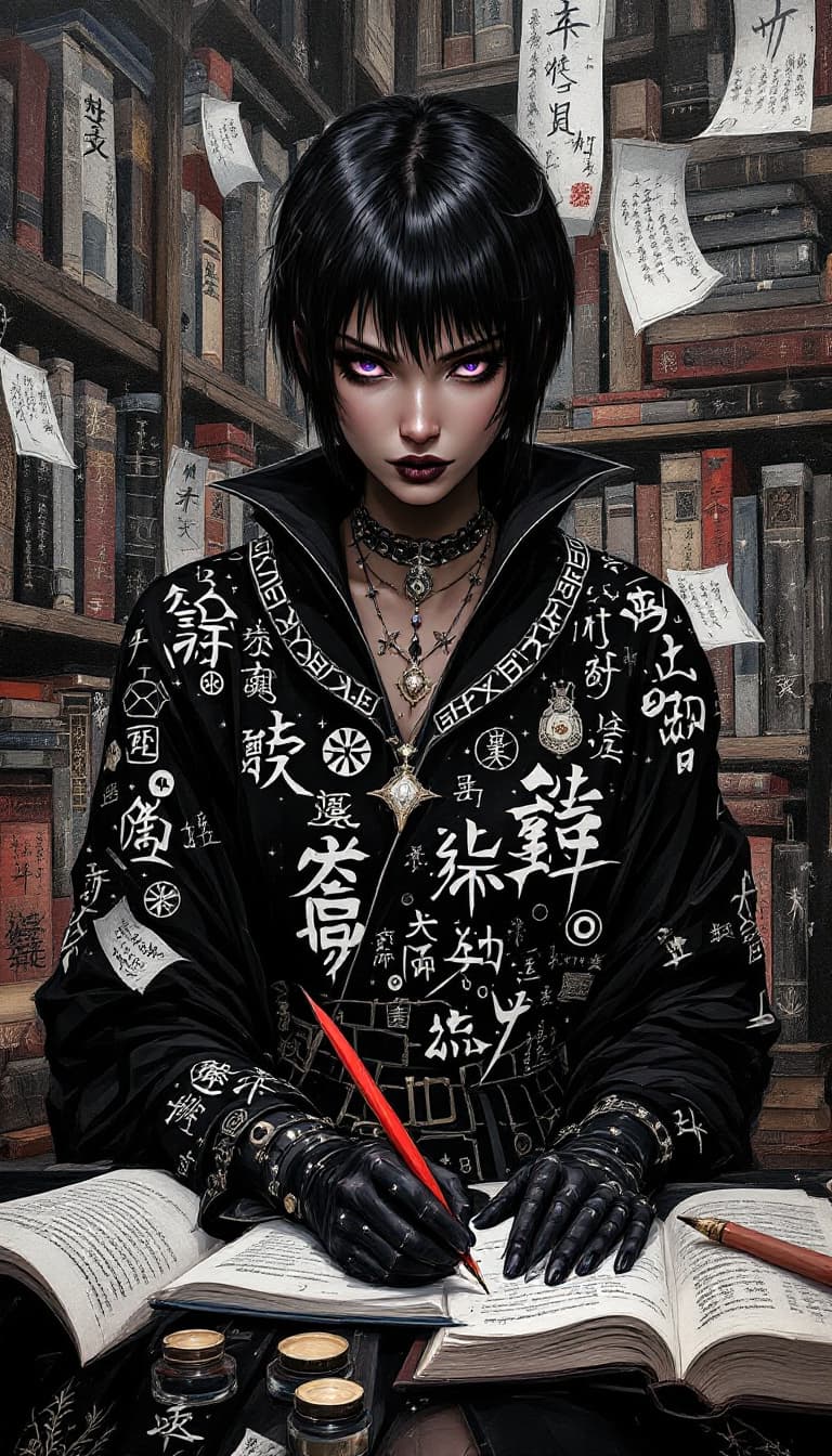 AI generated: "Obsidian Calligrapher in a Library of Whispers": A powerful abstract painting showcases a calligrap...