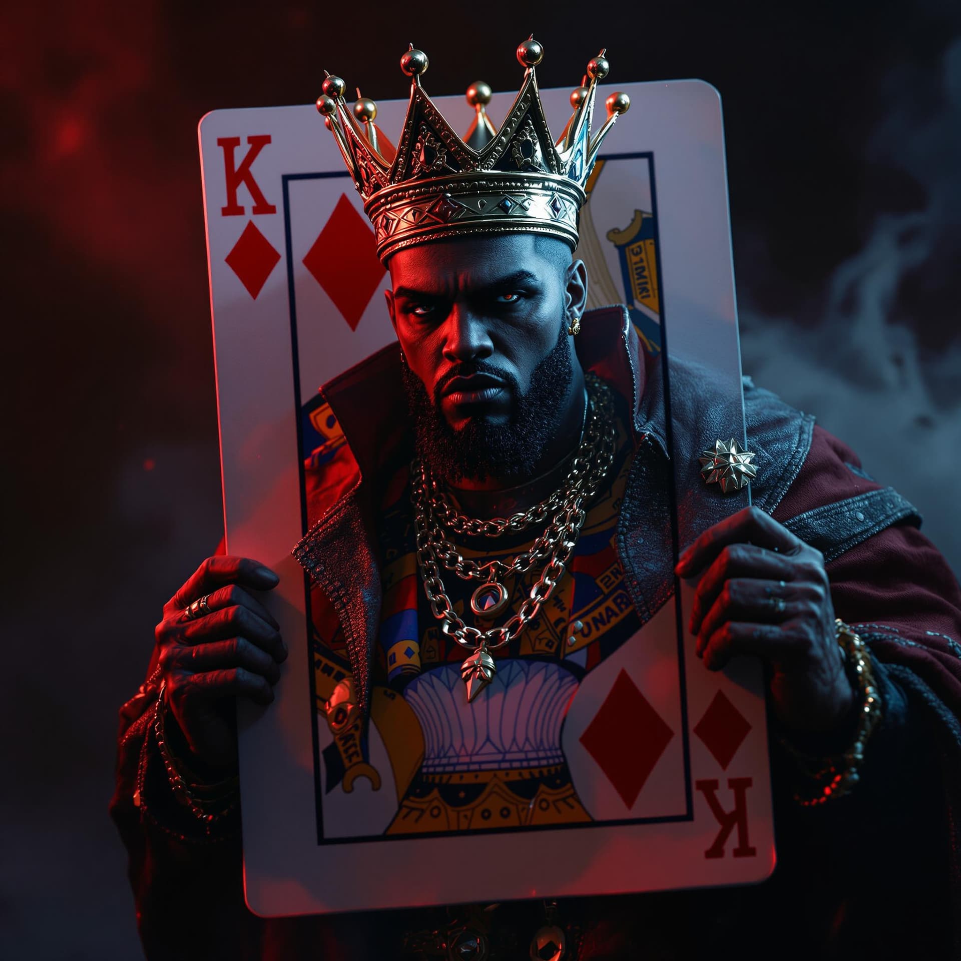 AI generated: a king of diamonds playing card depicting a hip hop character as the king, dramatic light, cinematic...