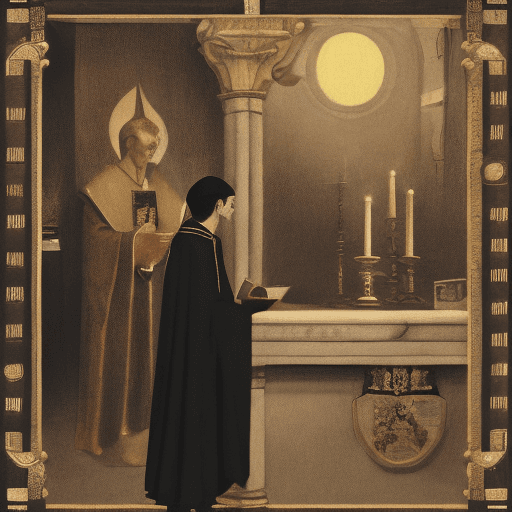 AI generated: The young priest, dressed in a black gold priest's uniform, looked down at everything with three