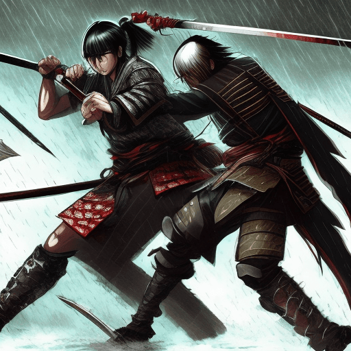 AI generated: An epic duel between two samurais in the rain in a battlefield, anime style, with details on katanas...