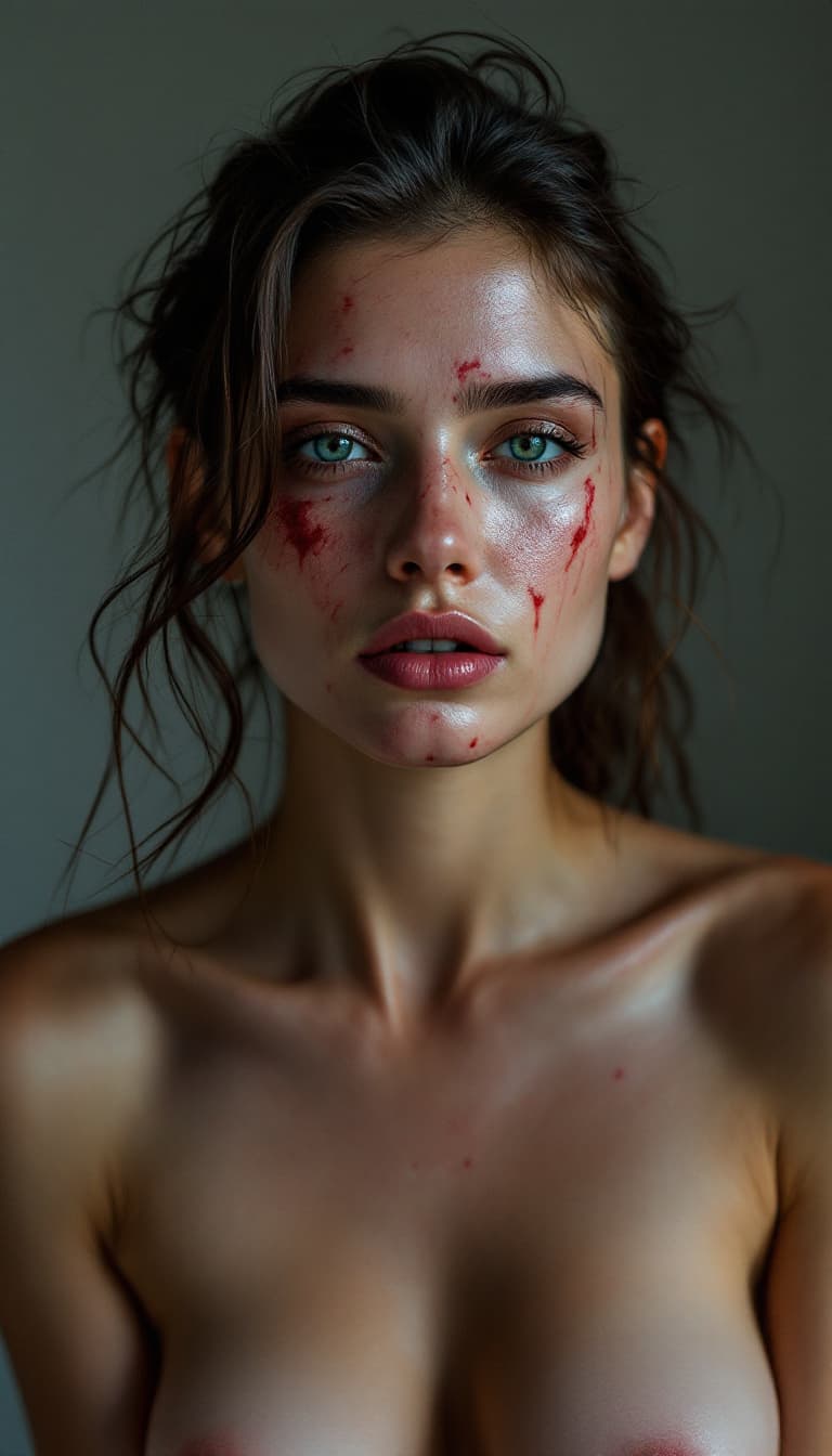 AI generated: high-resolution photograph, woman, ugly scar in the face, exposed body,  stunning use of shadows, in...