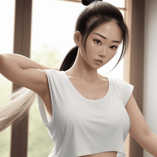 AI generated: Hyper realistic,
Asian ponytail showing both armpits, clevage in white t-shirt, Masterpice, natural ...