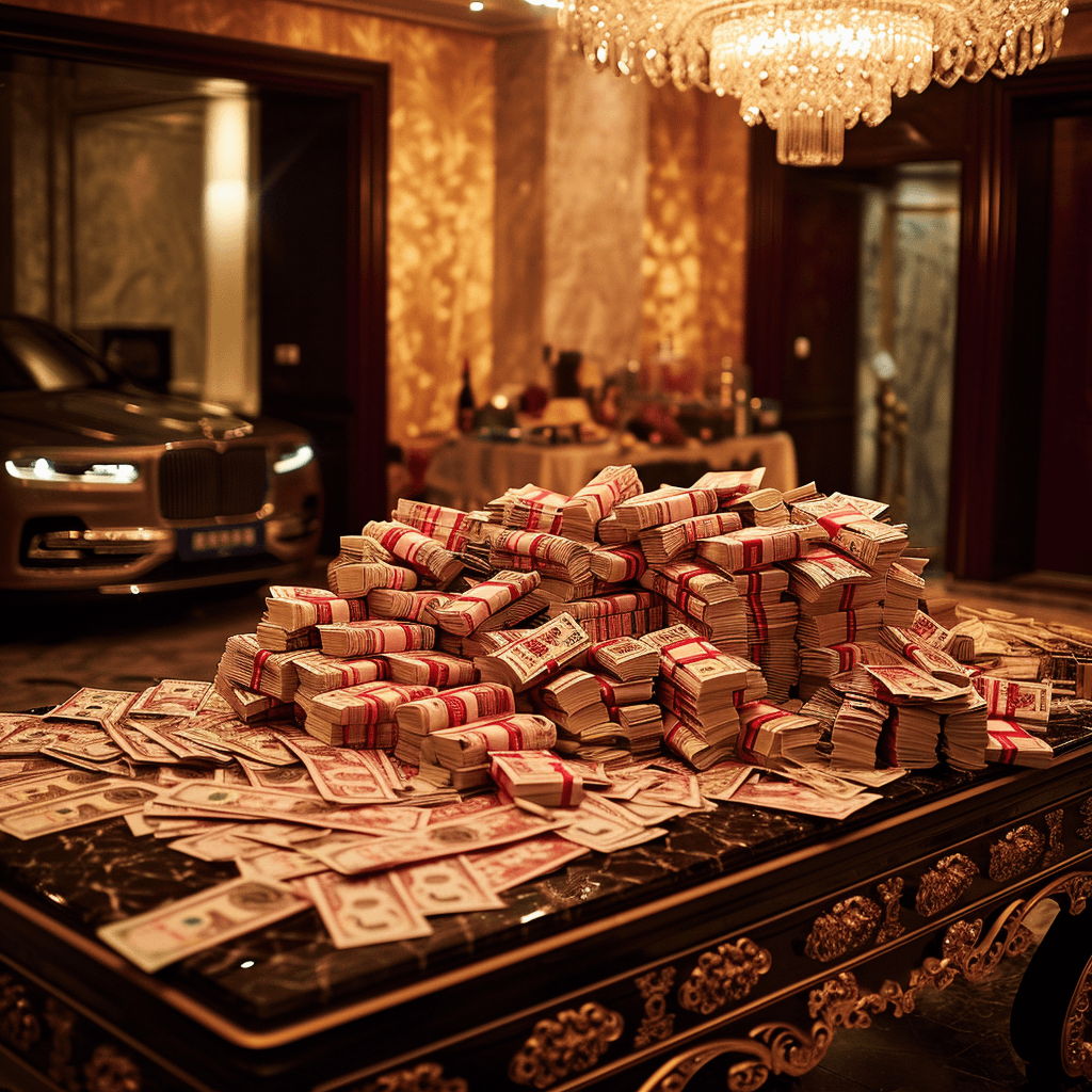 AI generated: A luxurious hotel room is dimly lit. In the center of the room, a large, ornate table is covered in ...