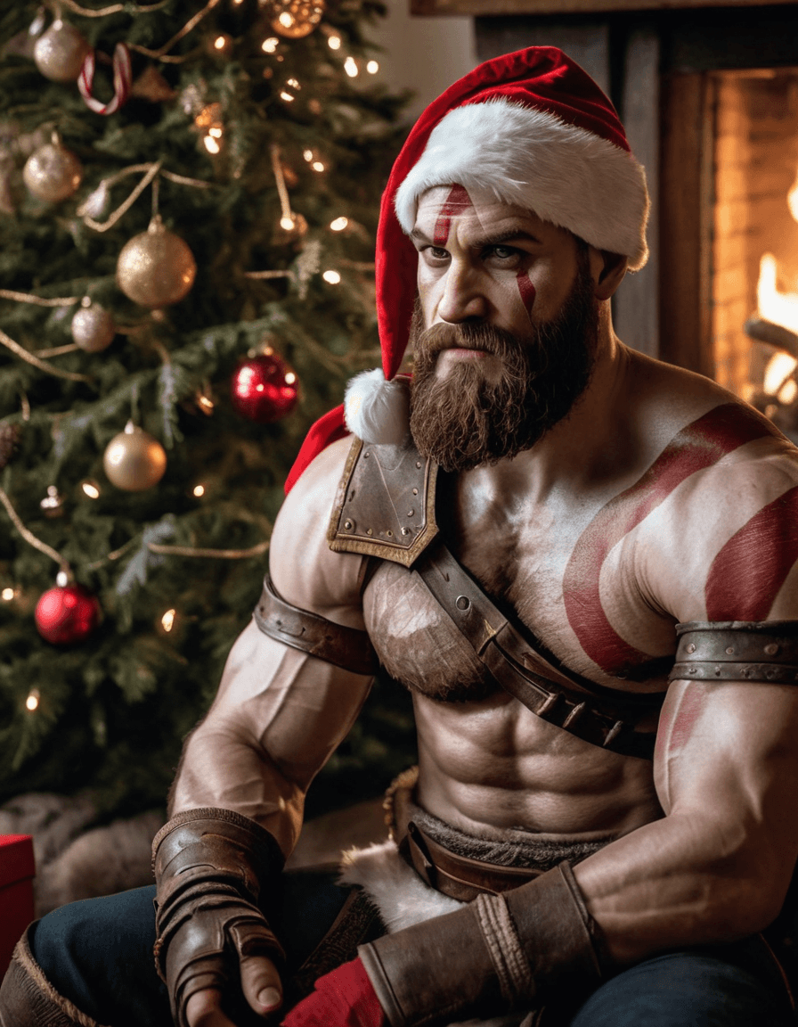 AI generated: kratos from god of war game, sitting in front of a christmas tree, serious look, wearing a christmas...