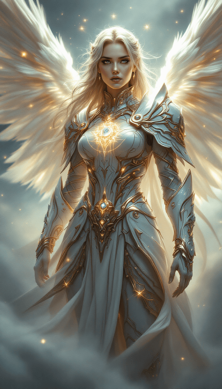 AI generated: An ultra-realistic, full-body portrait of a captivating celestial paladin woman, radiating divine po...