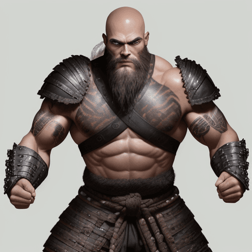 AI generated: He is a muscular warrior and toned man, with pronounced facial features and a determined and fierce ...