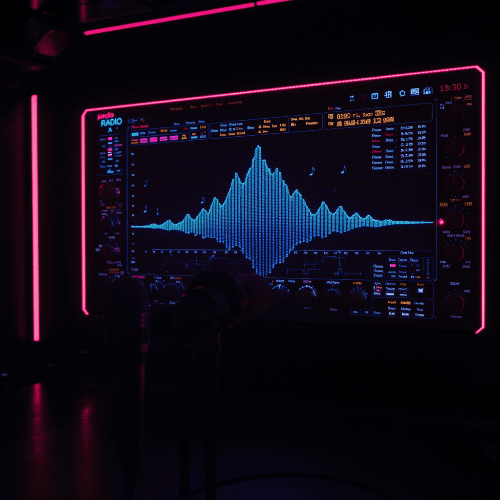 AI generated: Radio studio stage with microphone and a dark synth interface, high-tech user interface, audio spect...