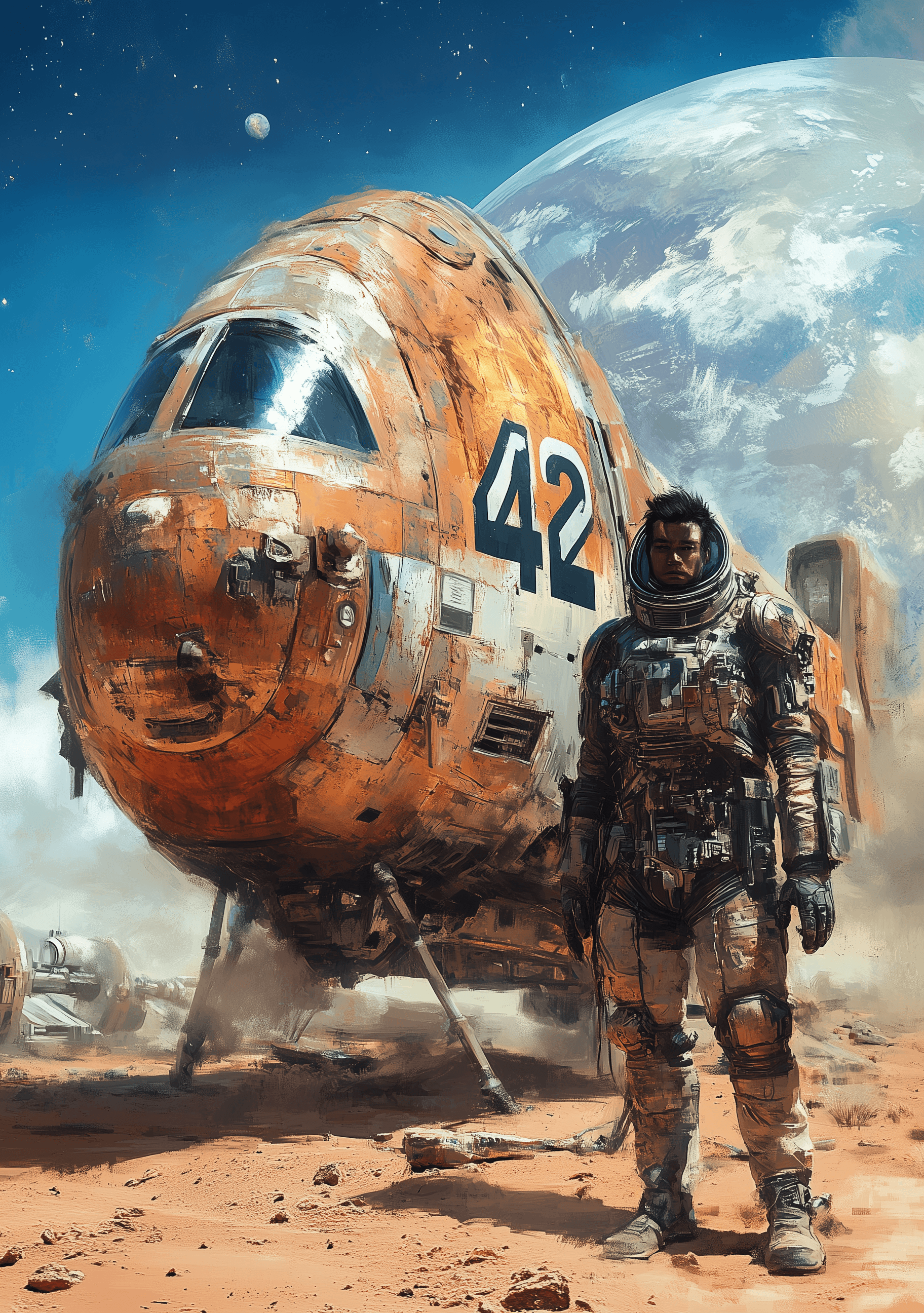 AI generated: Concept art of an old, rusty spacecraft with the number "42" on it, crashed in a red sand desert. Th...
