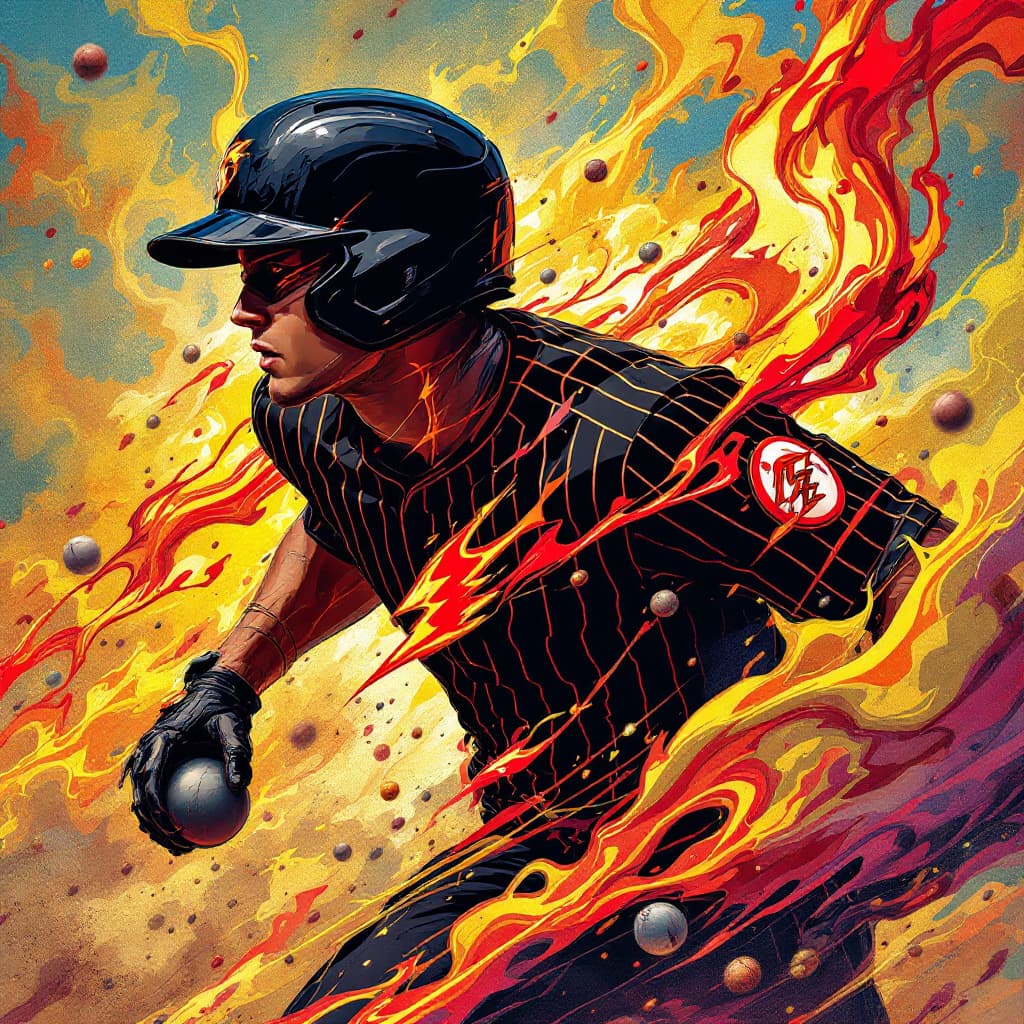 AI generated: an illustration of a flash gordon with a black baseball helmet and black pinstripe shirt with black ...