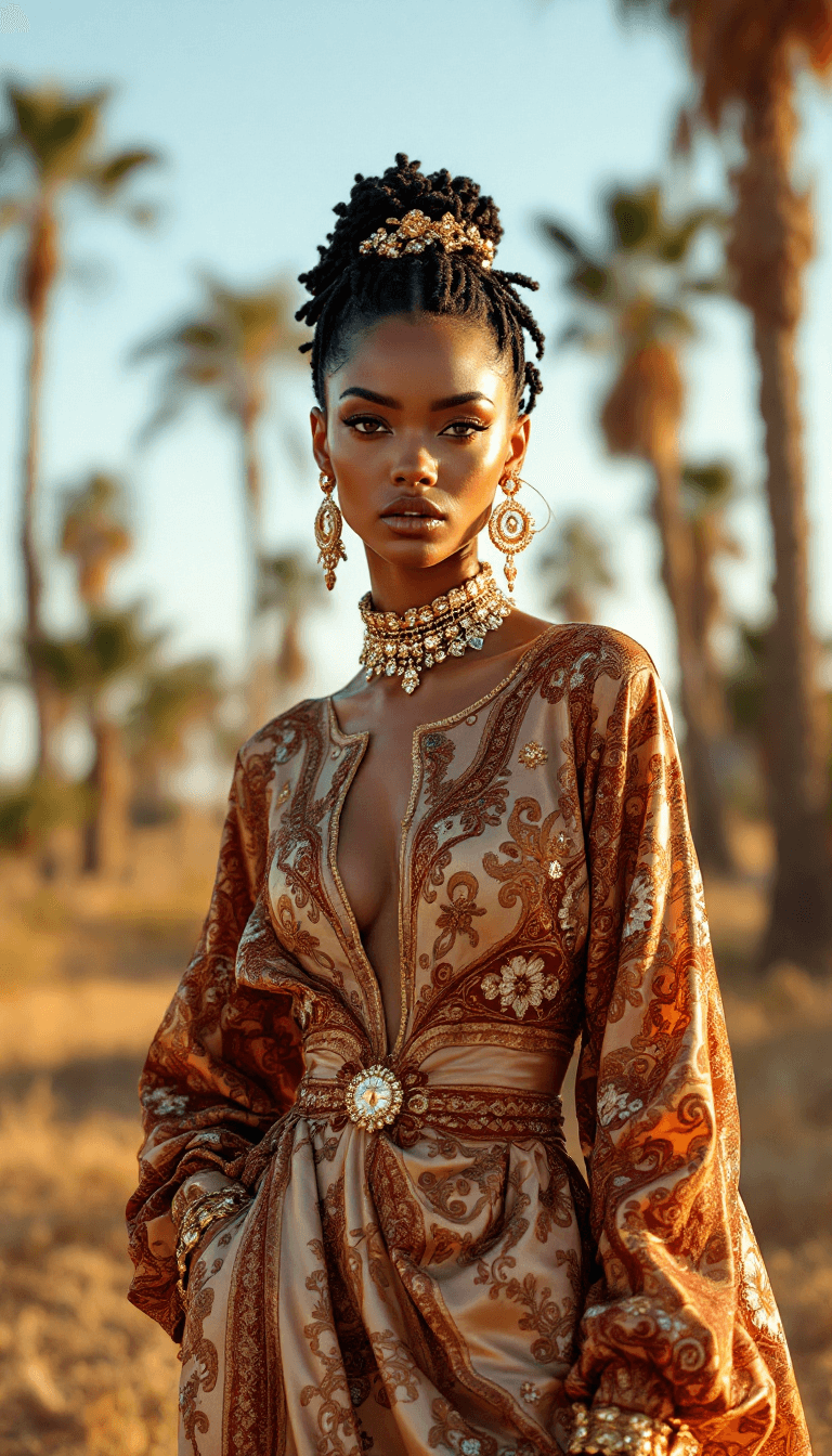 AI generated: fashion editorial shot by Tim Walker in a Moroccan farm, luxury silk resort wear, gorgeous female mo...