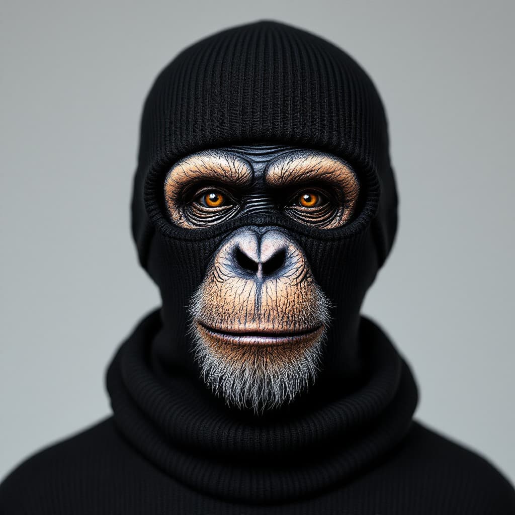 AI generated: a black ribbed knit baklava 3-holes skimask painted with a flat inked chimpanzee face illustration o...