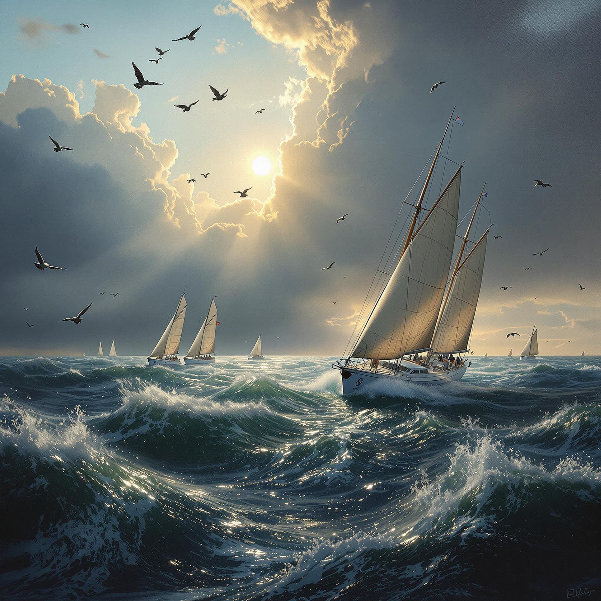 AI generated: An oil Painting of Ocean yacht racing, Ocean birds overhead, fish and flying fish,  the America's Cu...