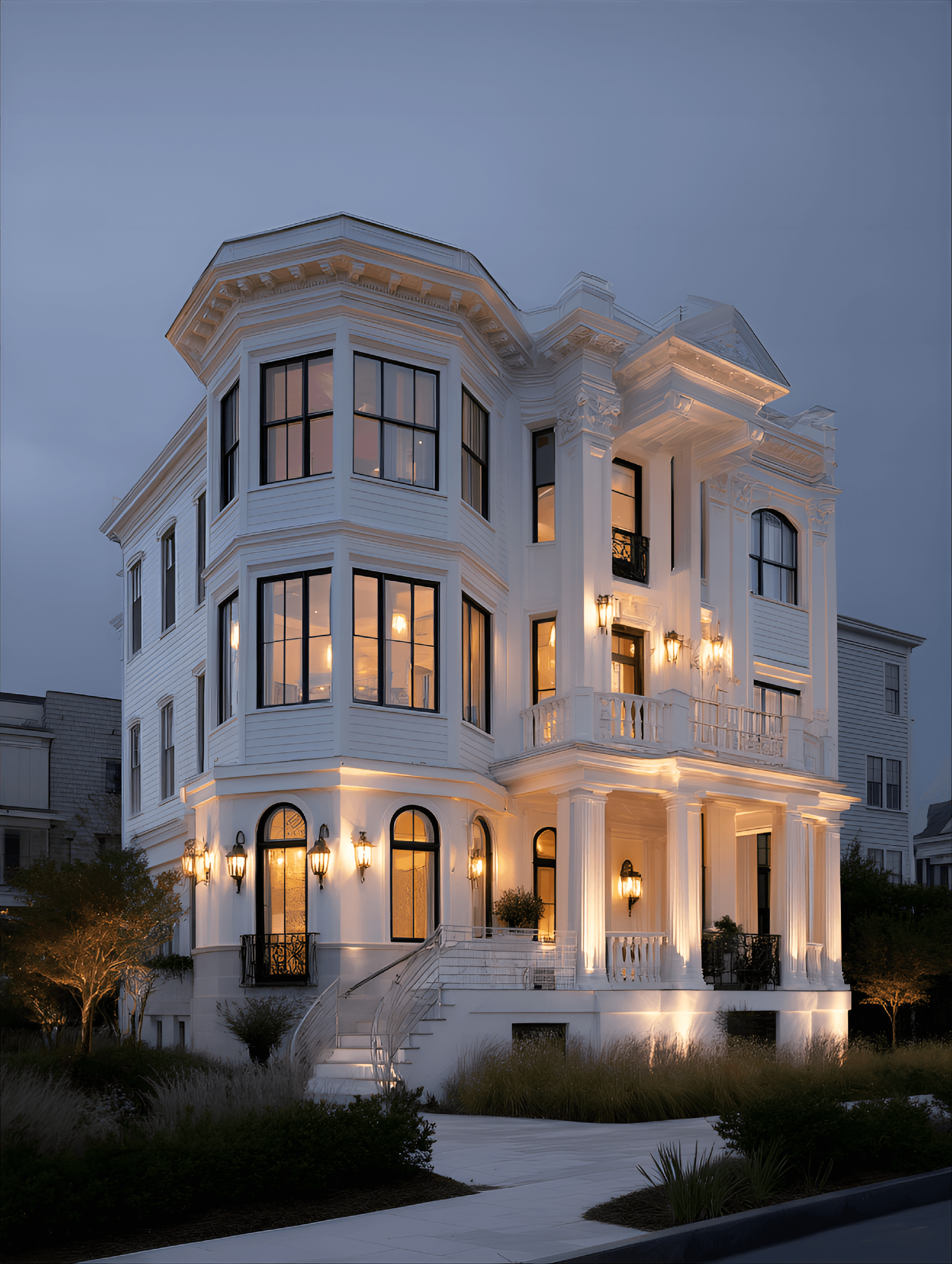 AI generated: large, elegant, white, multi-story house at dusk. The house features classic architectural details, ...
