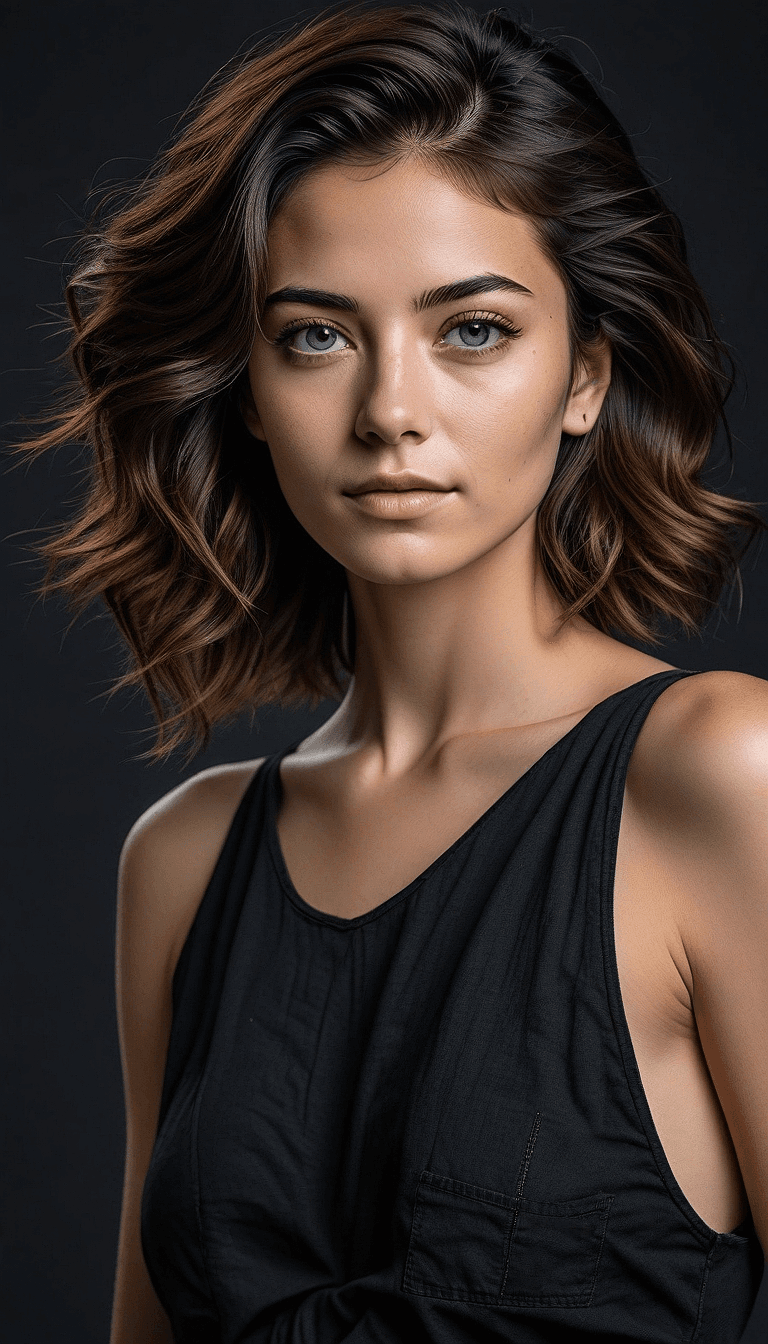 AI generated: A highly detailed image of a young woman with shoulder-length, wavy brunette hair with dimensional h...