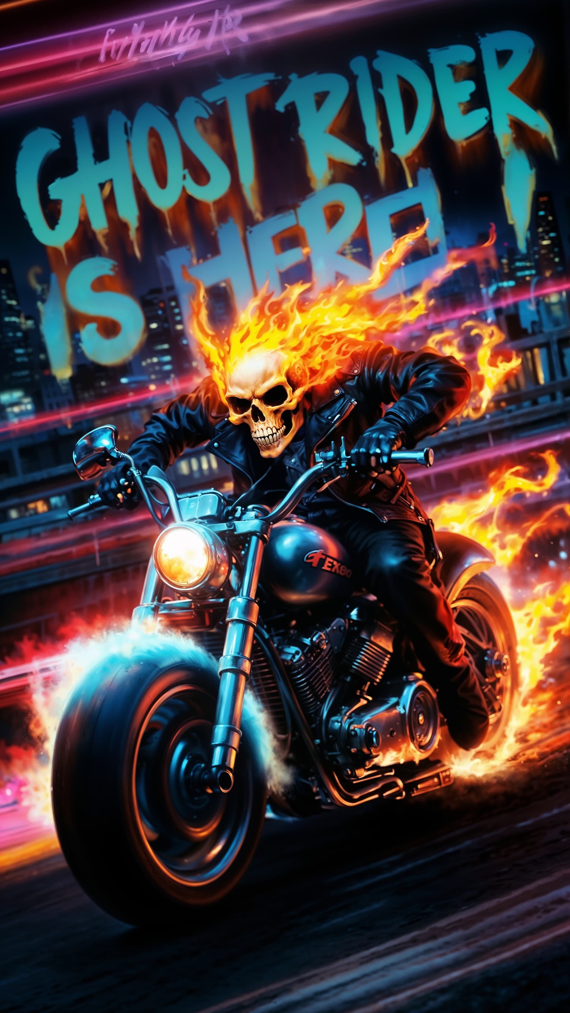AI generated: A vivid and captivating anime illustration of Ghost Rider on a flaming motorcycle, with a fierce exp...