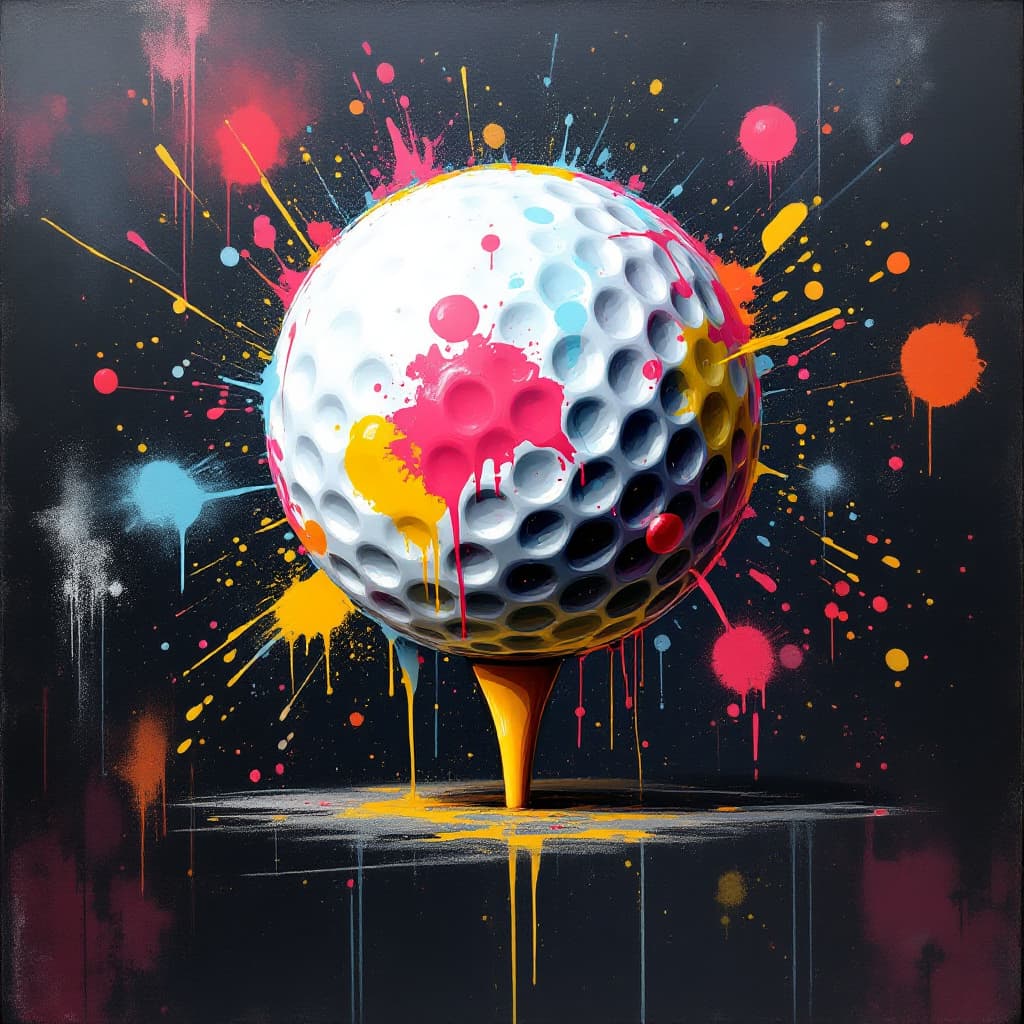 AI generated: A graffiti street art golf ball with bold splashes and spray patterns.