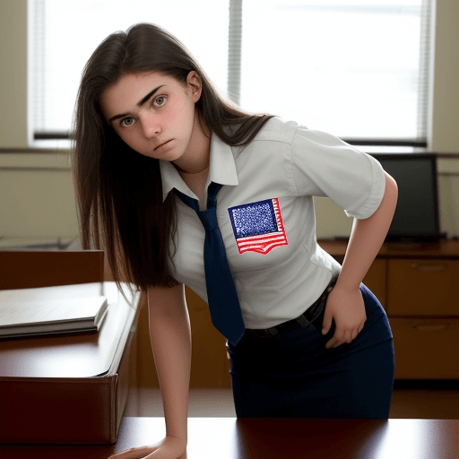 AI generated: beautiful 18 year old woman standing in principal's office. She has her elbows placed gently on the ...