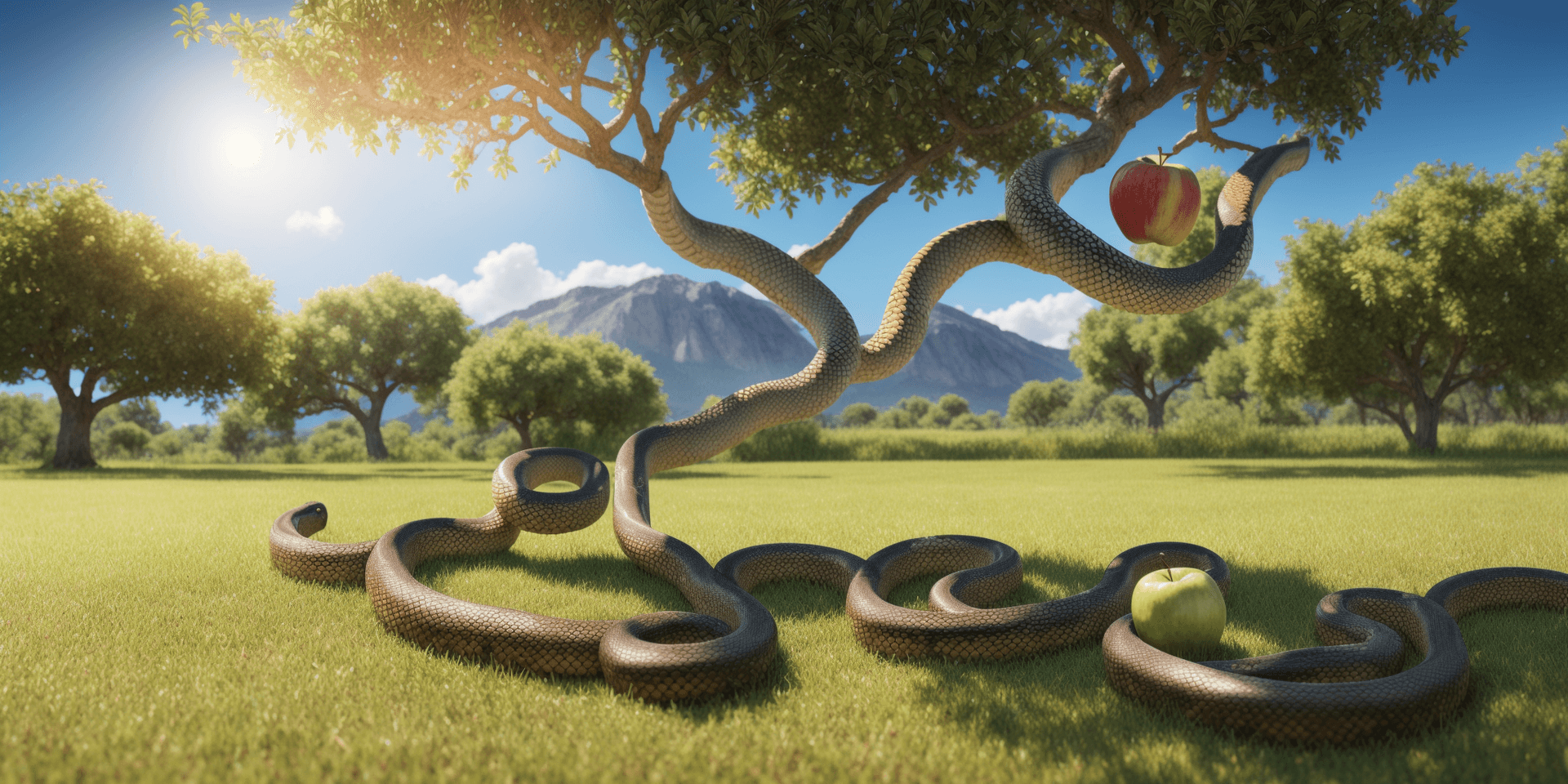 AI generated: tree with one apple and a snake in paradise, best quality, 4k, 8k, ultra highres, raw photo in hdr, ...