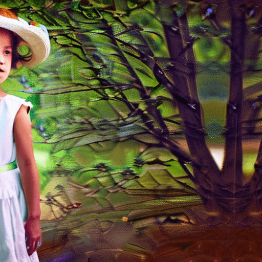 AI generated: a young girl wearing a white dress in a park with flowers, in the style of vintage portraiture, back...