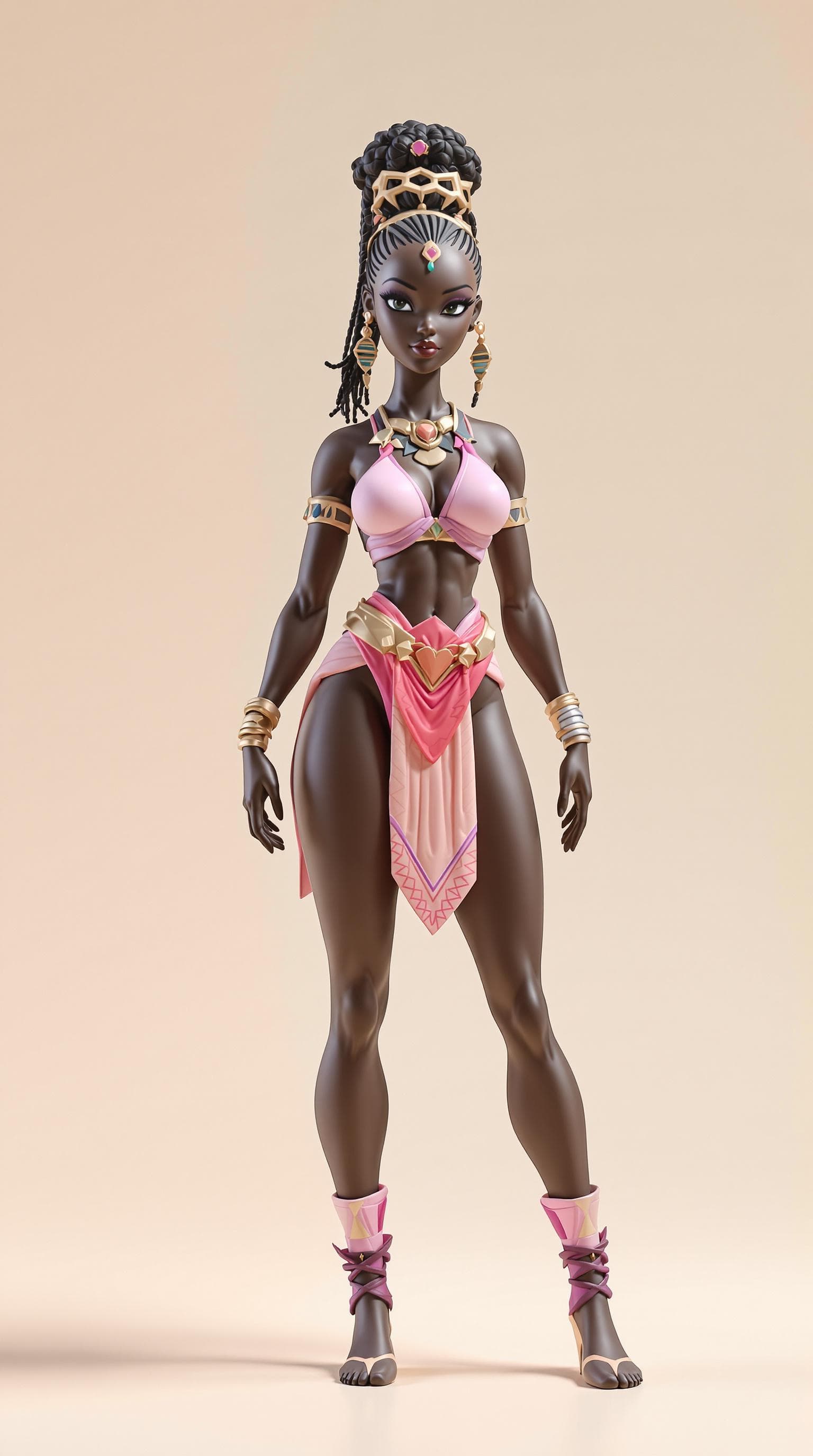 AI generated: beautiful fit and slim dark black skinned African ebony warrior princess, seen standing full height,...