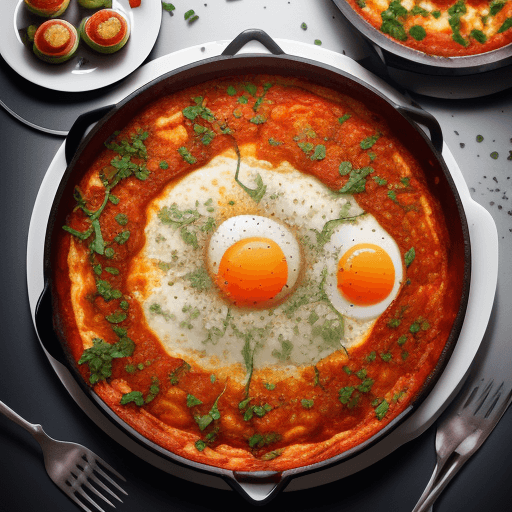 AI generated: Food photography, shakshuka, top view,in a luxurious Michelin kitchen style, studio lighting, depth ...