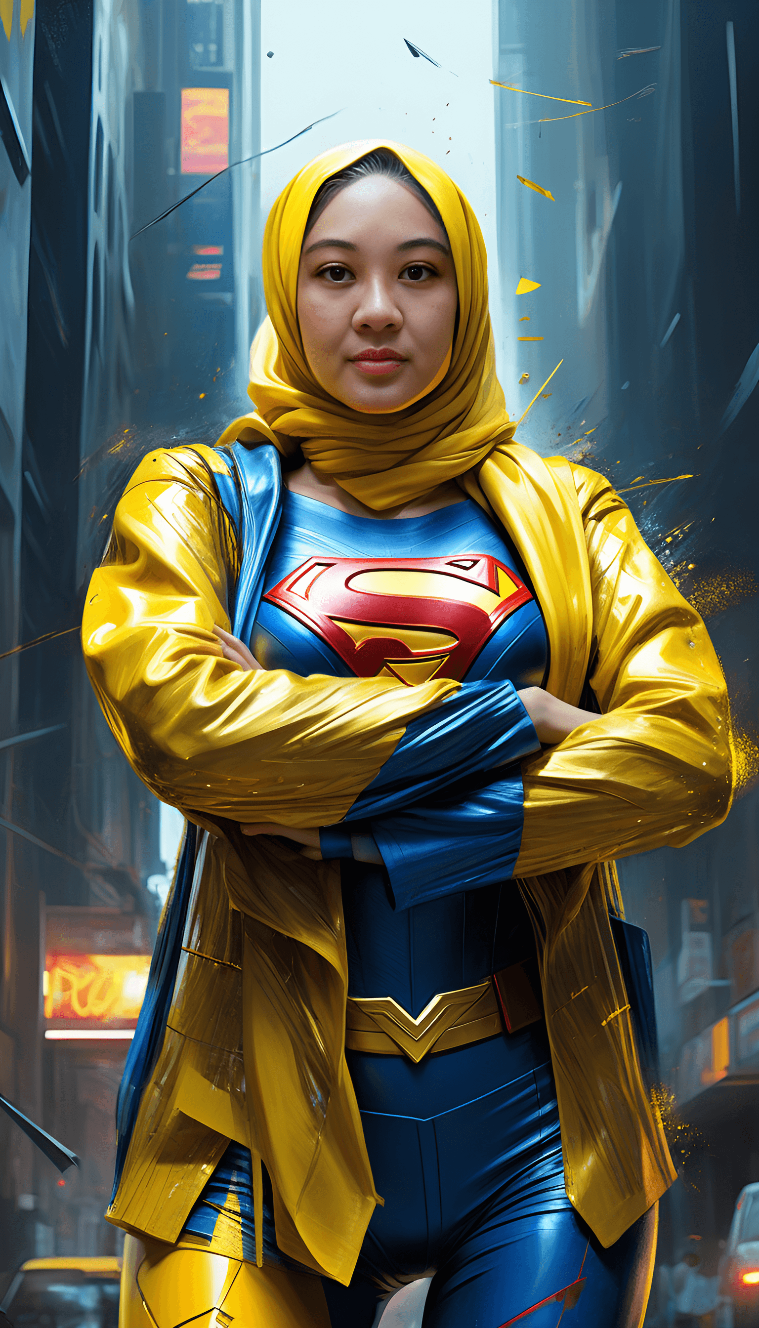AI generated: a masterpiece, supergirl/wonderwoman from dc comic wearing alternate yellow costume, coy and allurin...