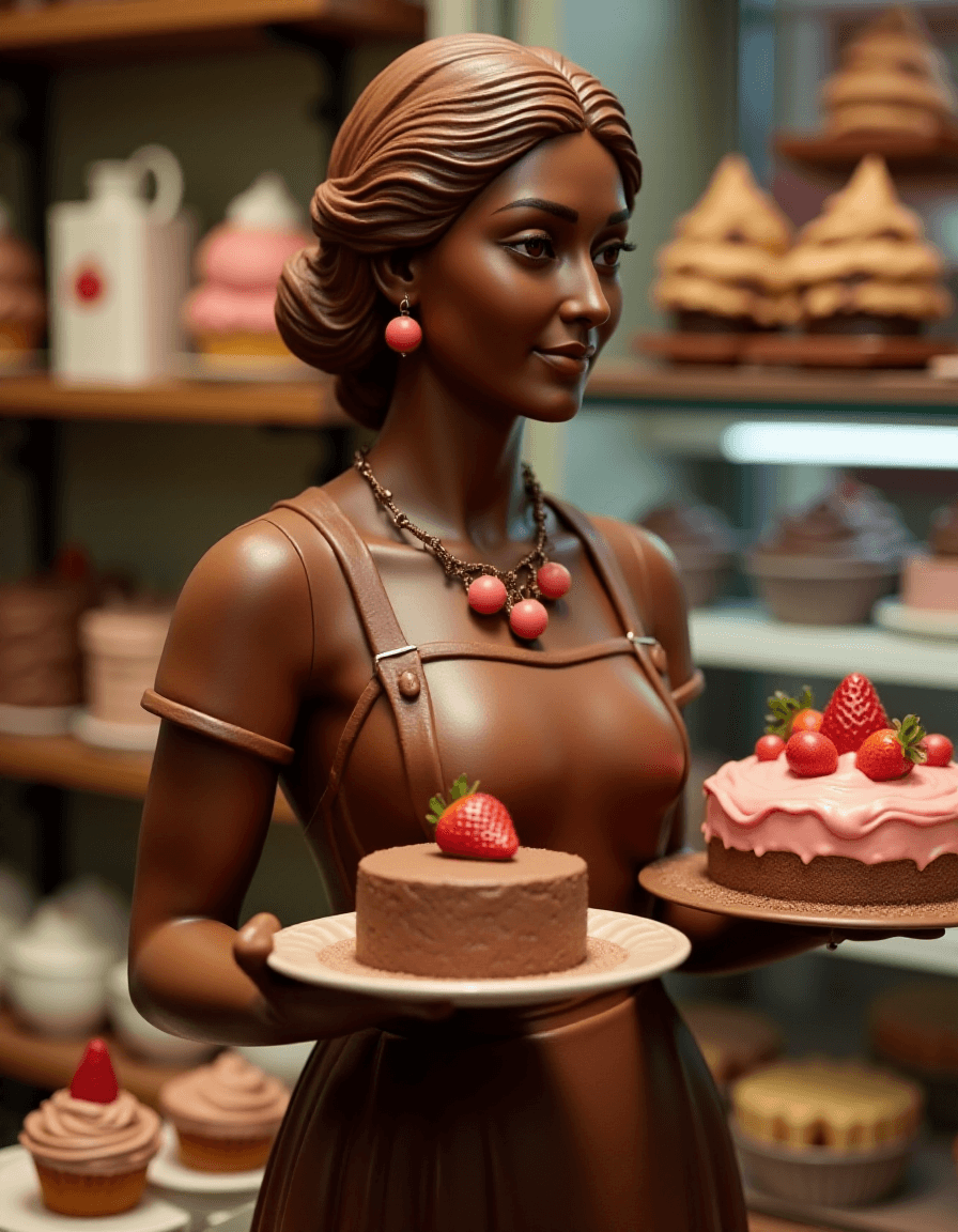 AI generated: photography of a statue of a woman made of chocolate, wearing ( tshirt made in chocolate) and (apron...
