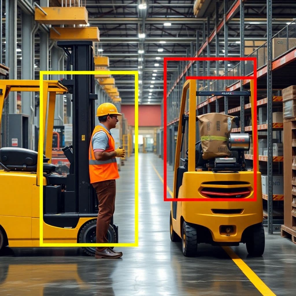 AI generated: A high-resolution image depicting a near-hit incident in a busy manufacturing site where an AI visio...