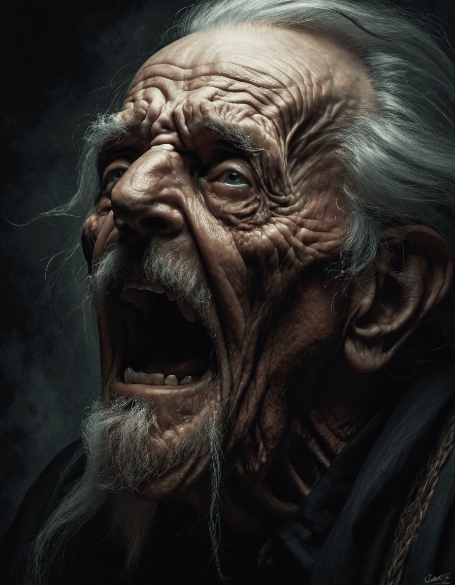 AI generated: an old man screams in pain, his face is almost reduced. He is wearing a black shirt and has a long b...